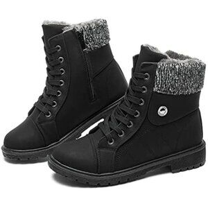 Womens Combat Boots Black Ankle Boots Fur Lined Winter Snow Lace Up Non Slip
